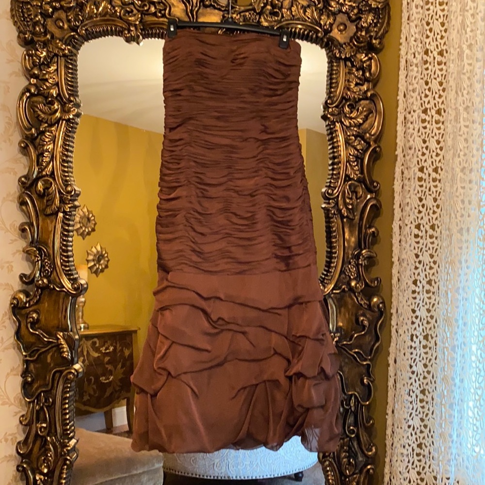 Dalia Mac phee off the shoulder brown gown